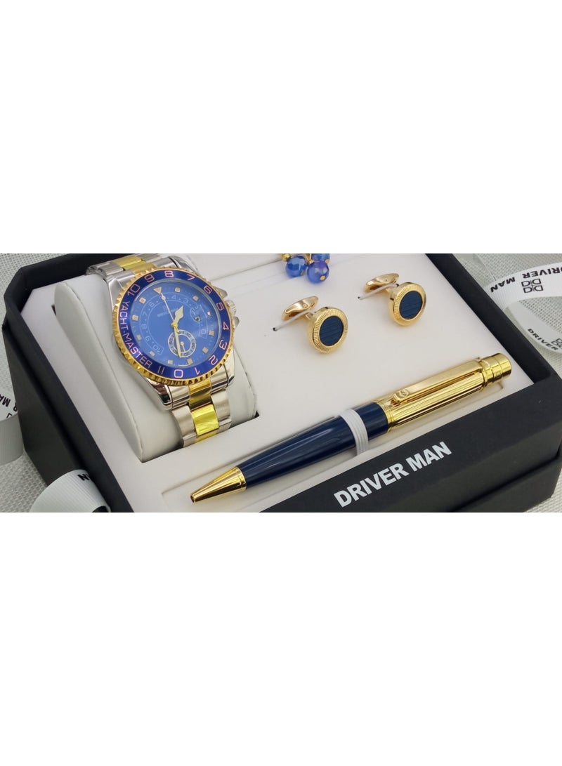 A wonderful stainless steel men's set consisting of a watch, a rosary, a pen and cufflinks half steel